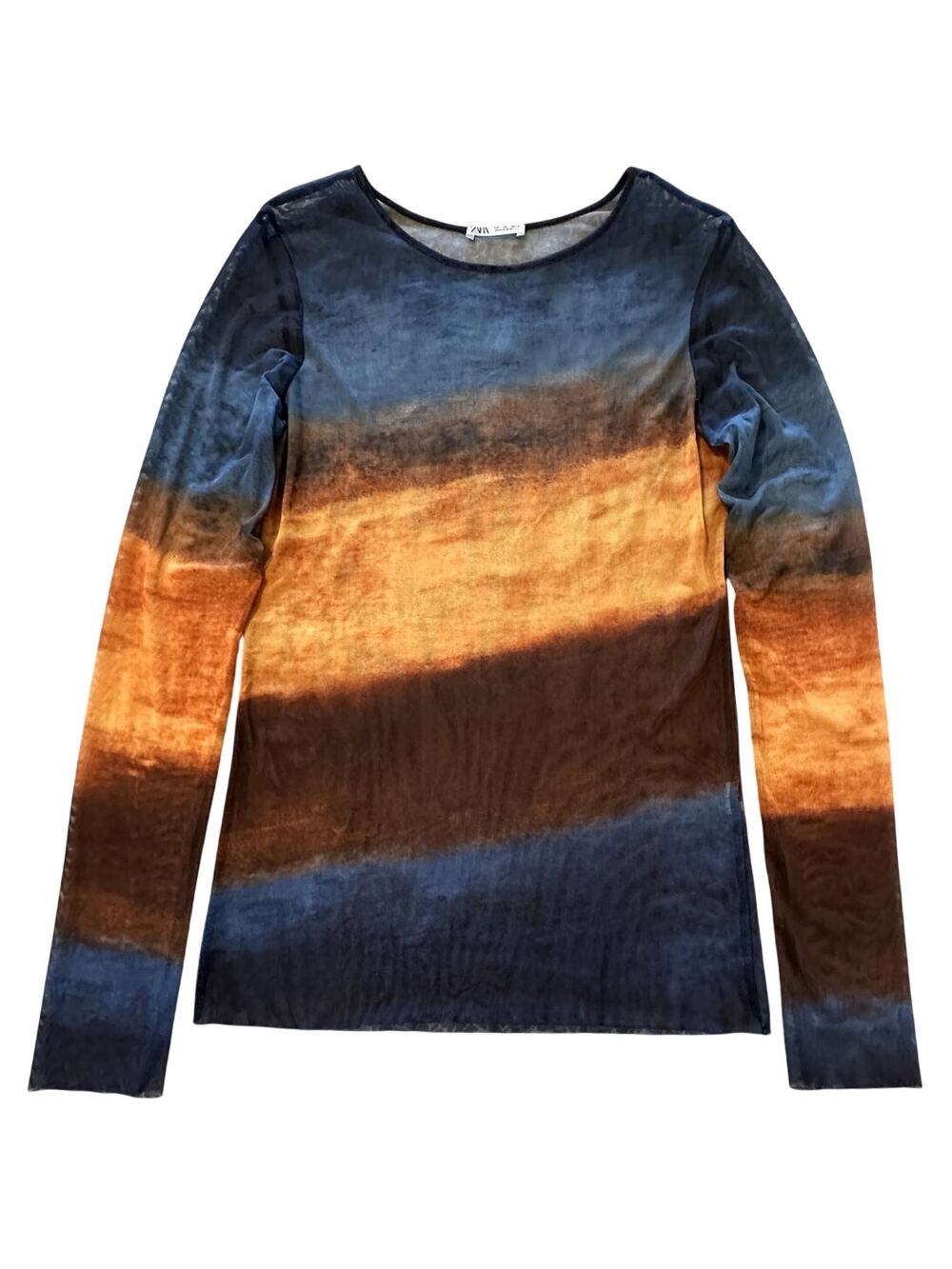 Zara Sheer Mesh Top Sunset Ombre Raw Hem Fitted L
